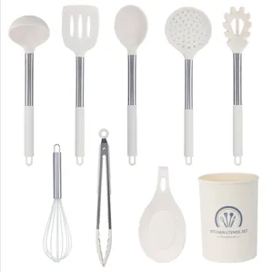 9-piece silicone kitchen utensil set with stainless steel handles, heat resistant cookware tools.