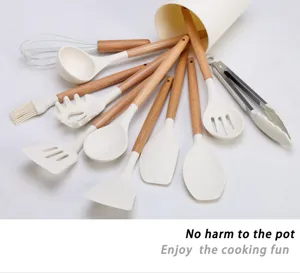Silicone kitchen utensils set with wooden handles heat resistant spatula cooking tools detail