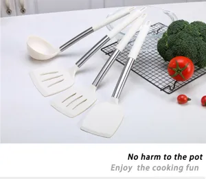 Heat-resistant silicone kitchen utensils set with stainless steel handles for cooking.