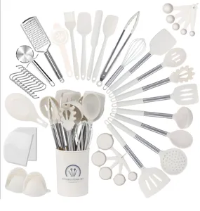 43-piece silicone kitchen utensil set with stainless steel handles, heat resistant and non-stick.