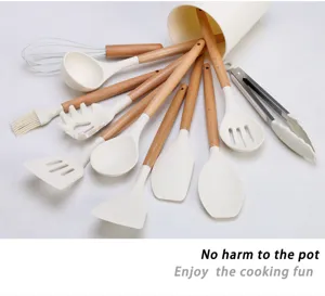 Silicone kitchen utensils set with wooden handles, heat-resistant cooking tools for non-stick pots.