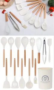 Set di 14 utensili da cucina in silicone con manici in legno resistenti al calore per padelle