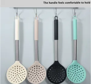 Silicone slotted spoon detail view, showing ergonomic handle and heat-resistant strainer design.