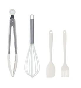 Silicone baking tools detail showing scraper whisk and food tongs for kitchen cooking