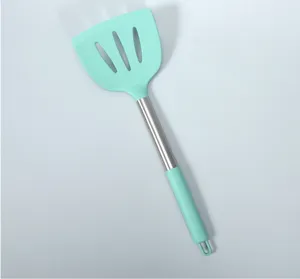 Large silicone slotted spatula with stainless steel handle, heat resistant cooking kitchen tool.