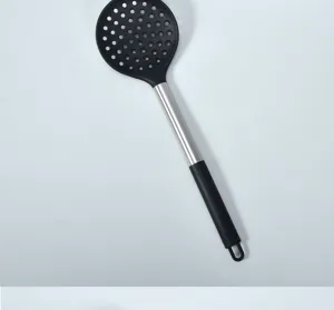 Kitchen slotted spoon detail shot, black silicone head with stainless steel handle.