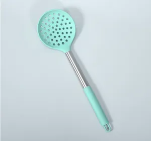 Mint green silicone slotted spoon with stainless steel handle for kitchen cooking and draining.