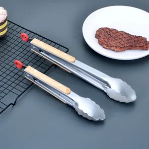 Modern Stainless Steel Food Tongs With Heat Resistant Wooden Handle Lock Clip Design Smart Kitchen Cooking Grilling Steak Barbecue Tongs Outdoor Camping Culinary Accessories