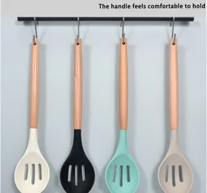 Silicone slotted spoon with wooden handle heat resistant kitchen cooking tool set 4pcs