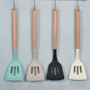 Modern Minimalistisch Silikon Pfannenwender Mit Buchenholz Langer Holzgriff Hitzebeständig Antihaft Freundlich Kochspatel Für Küche Heimkochen