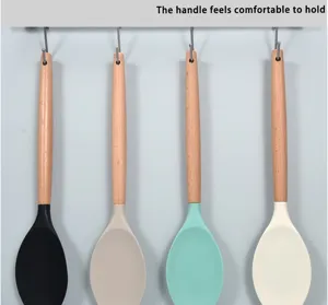 Set de cuchara de cocina de silicio mango de madera espátula antiadherente menaje