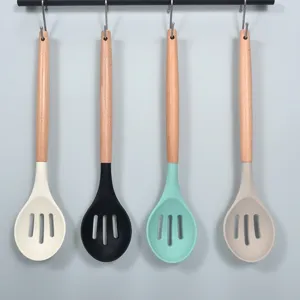 Heat Resistant Silicone Slotted Spoon With Beech Wood Handle Non-Stick Kitchen Skimmer Spoon For Cooking Draining Kitchen Tools