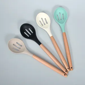 Silicone slotted cooking spoon with wooden handle heat resistant kitchen utensil set