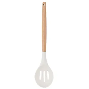 Silicone slotted spoon with wooden handle, heat-resistant kitchen cooking tool for non-stick.