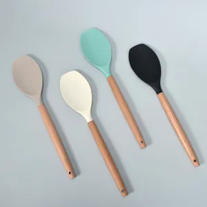 Set de espátulas de cocina de silicona con mango de madera, utensilios de cocción multicolor.