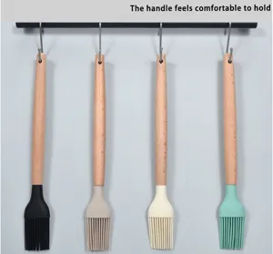 Silicone basting brush with solid wood handle, heat resistant kitchen cooking tool, 4-pack.