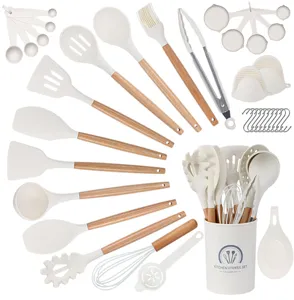 Detailed view of silicone kitchen utensil set components, wooden handles, heat resistant.