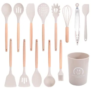 Set di Utensili da Cucina in Silicone Resistente al Calore Con Manici in Legno Spatola Cucchiaio Antiaderente Kit Secchiello