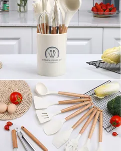 Heat-resistant silicone kitchen utensil set with wooden handles for nonstick cookware.