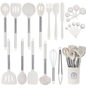 24-piece heat-resistant silicone kitchen utensil set details, stainless steel handles.