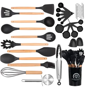 35-teiliges Silikon Küchenhelfer Set hitzebeständig Kochbesteck mit Holzgriff und Halter.