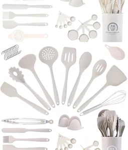 38-piece heat-resistant silicone kitchen utensil set with non-stick spatula and holder.