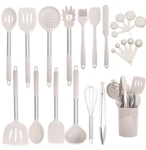 Silicone kitchen utensil set 24pcs heat resistant cooking tools with holder detailing.