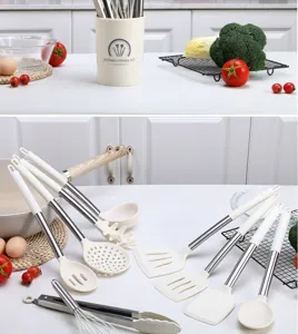 Silicone kitchen utensil set details, showing premium spatulas, spoons and storage holder clearly.