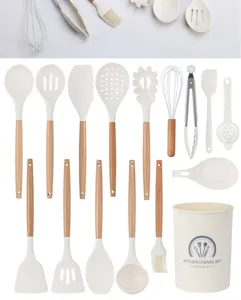 16-piece white silicone kitchen utensil set with wooden handles and holder for cooking.