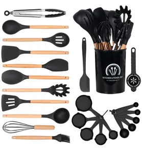 24-piece silicone kitchen utensil set with wooden handles and storage holder for cooking.