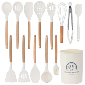 Set di 14 utensili da cucina in silicone con manico in legno resistenti al calore supporto