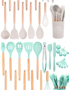Silikon Küchenhelfer Set mit Holzgriffen, hitzebeständige Kochutensilien und Halter.