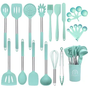 Detailed view of the 24-piece mint green silicone kitchen utensil set with stainless steel handles.