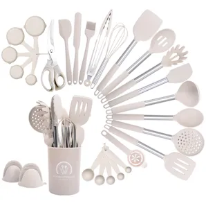 Detailansicht des 28-teiligen hitzebeständigen Silikon-Küchenhelfer-Sets für das tägliche Kochen.