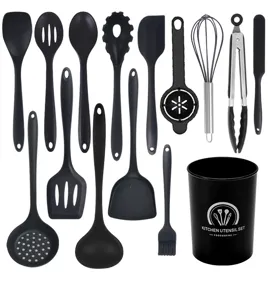 Detailed view of the 12-piece black silicone kitchen utensil set with storage holder.