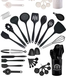 38-piece black silicone kitchen utensil set with holder heat-resistant cooking tools.