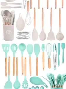juego de 37 utensilios de cocina de silicona con mangos de madera antiadherente pala