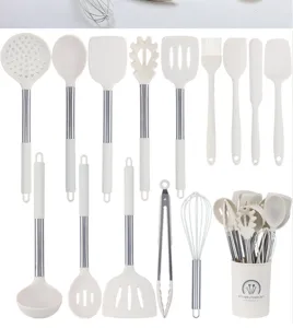 15-piece silicone kitchen utensil set with stainless steel handles and holder for cooking.
