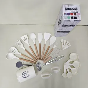 Silikon Küchenutensilien Set mit Holzgriffen, hitzebeständige Kochlöffel 35 Stk weiß.