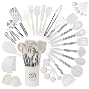 43-piece silicone kitchen utensil set with stainless steel handles, heat-resistant cooking tools