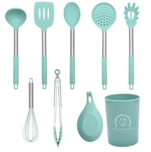 Mint green silicone kitchen utensil set 9 pieces with stainless steel handles for cooking.