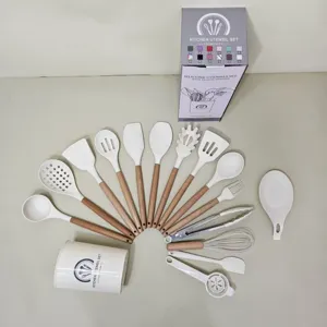 16-piece silicone kitchen utensil set with wooden handles, heat-resistant cooking tools and holder.