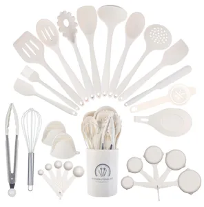 Details of 28-piece silicone kitchen utensil set, featuring heat-resistant spatulas and holder.