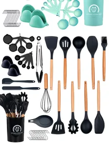 Juego de 37 utensilios de cocina de silicona con mangos de madera y soporte de almacenamiento.