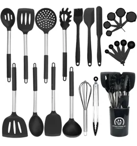 24-piece silicone kitchen utensils set with stainless steel handles and storage holder