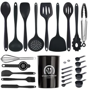 25-teiliges schwarzes Silikon Küchenhelfer Set mit Halter, hitzebeständige Kochutensilien.