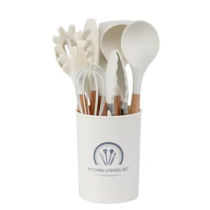 Silicone kitchen utensil set with wooden handles heat resistant cooking tools with storage bucket