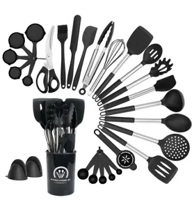 28-teiliges schwarzes Silikon Küchenhelfer Set mit Halter, hitzebeständige Kochlöffel.