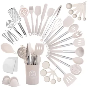 43-piece silicone kitchen utensil set with stainless steel handles, heat resistant cookware tools and holder.