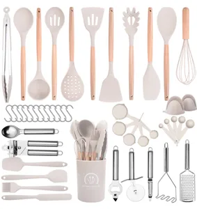 Detailed view of the 47-piece silicone kitchen utensil set with heat-resistant heads and wood handles.